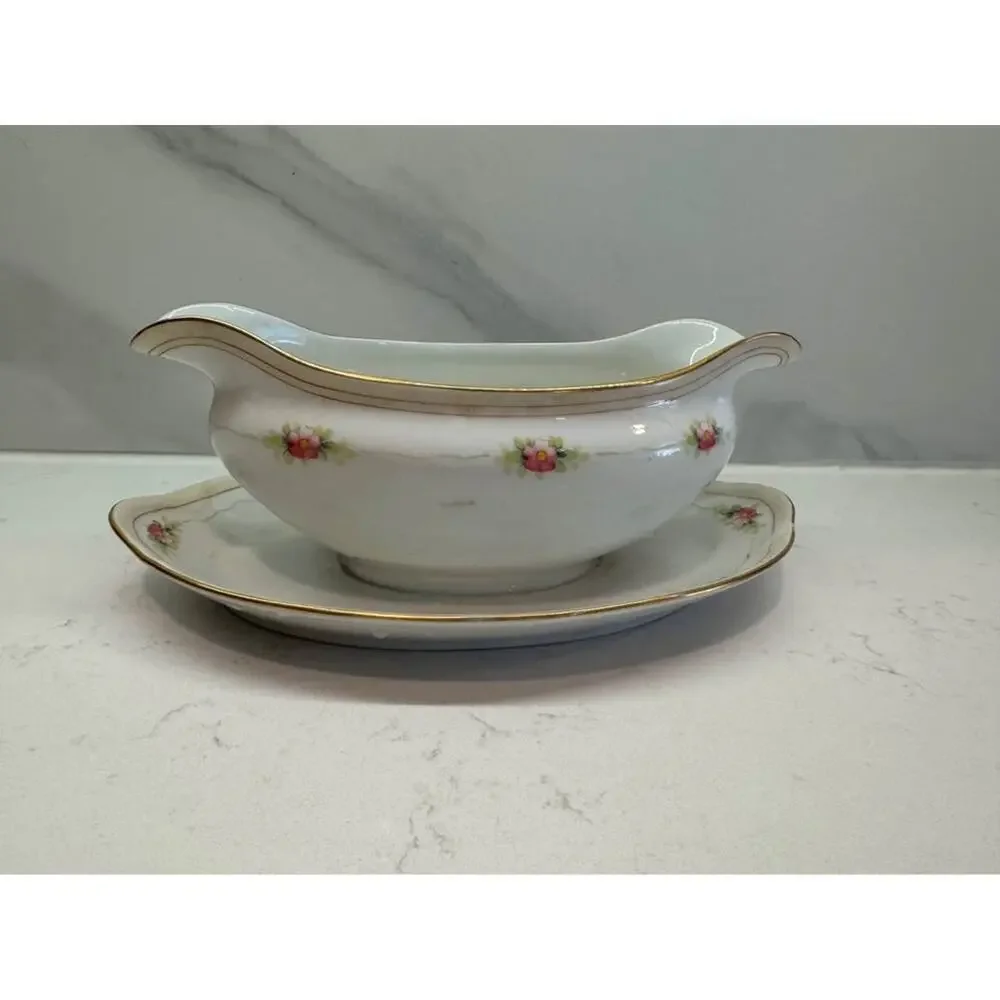 Noritake Handpainted Nippon Pink Floral Gold Graby Boat Dish
